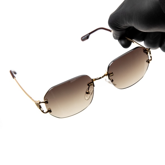 Brown Tint Rimless Gold Frame Men's Vintage Luxury Hip Hop Summer Sunglasses - Picture 3 of 6